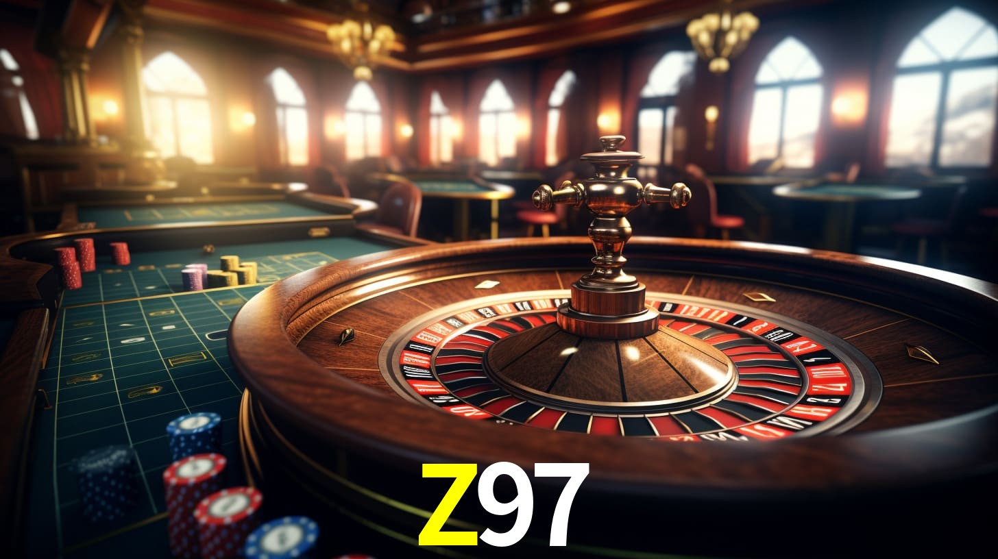 Una escena digital vívida inspirada en casino con Z97 mostrado prominentemente, luces brillantes, fichas, cartas y acentos dorados.